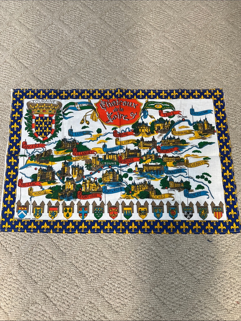 Vintage French Loire Valley Tea Towel Châteaux de la Loire Linen Map France